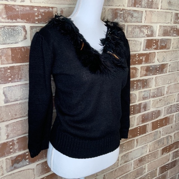Chris Ann Vintage Black Feather V-Neck Sweater Size Small - Picture 2 of 6